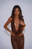 Brown Two Pieces Sequins Mesh Bodycon See Through Club Long Dress