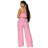 Pink Two Pieces Straps Pleated Wide Leg Casual Pant Sets