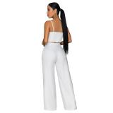 White Two Pieces Straps Pleated Wide Leg Casual Pant Sets