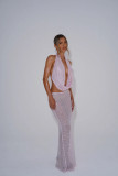 Pink Two Pieces Sequins Mesh Bodycon See Through Club Long Dress