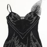 Black Straps Diamonds Mesh See Through Bodycon Midi Dress