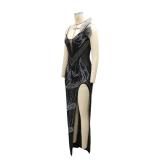 Black Straps Diamonds Mesh See Through Bodycon Midi Dress