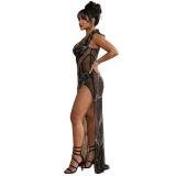 Black Straps Diamonds Mesh See Through Bodycon Midi Dress