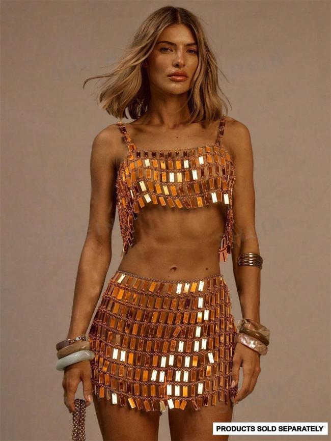 Orange Two Pieces Acrylic Sequins Chains Sexy Tops Hollow Out Mini Skirt Sets