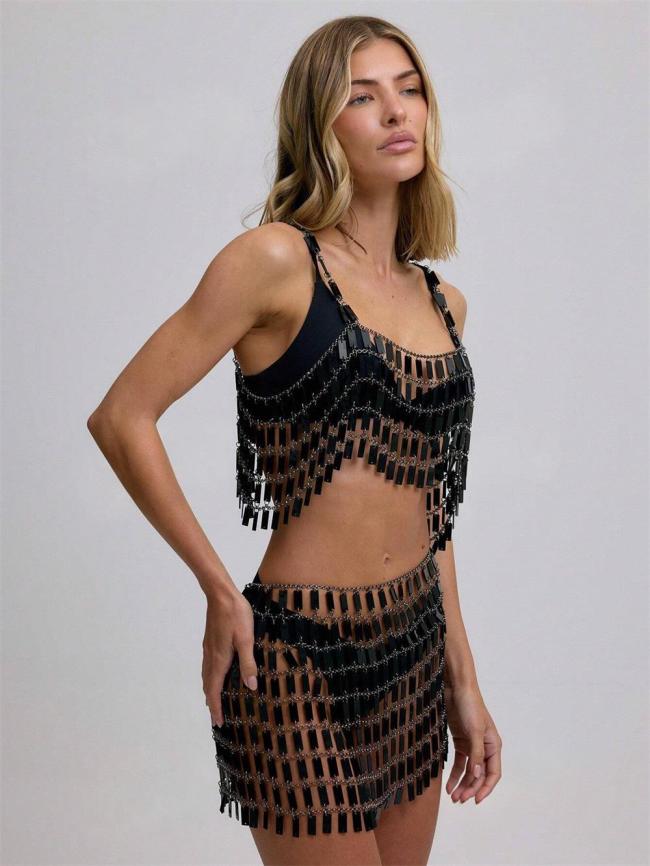 Black Two Pieces Acrylic Sequins Chains Sexy Tops Hollow Out Mini Skirt Sets