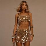 Gold Two Pieces Acrylic Sequins Chains Sexy Tops Hollow Out Mini Skirt Sets