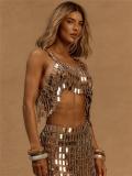 Silver Two Pieces Acrylic Sequins Chains Sexy Tops Hollow Out Mini Skirt Sets
