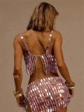 Pink Two Pieces Acrylic Sequins Chains Sexy Tops Hollow Out Mini Skirt Sets