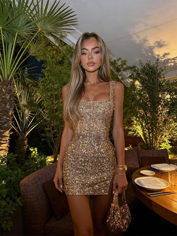 Gold Straps Sequins Sexy Party Bodycon Dress