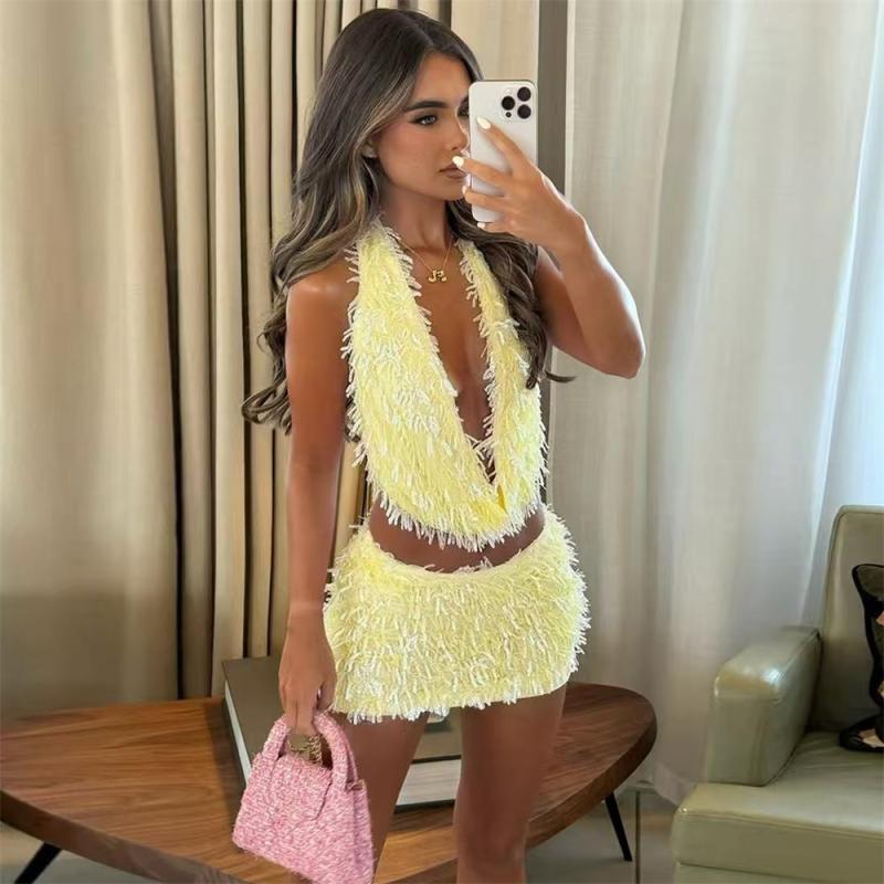 Yellow Sequins Two Pieces Tassels Halter V Neck Vest Top Bodycon Sexy Mini Skirt Sets