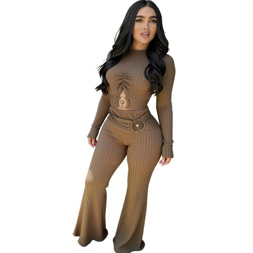 Khaki Long Sleeve Knitted Cut Out Bodycon Sexy Street Casual Jumpsuit Dress