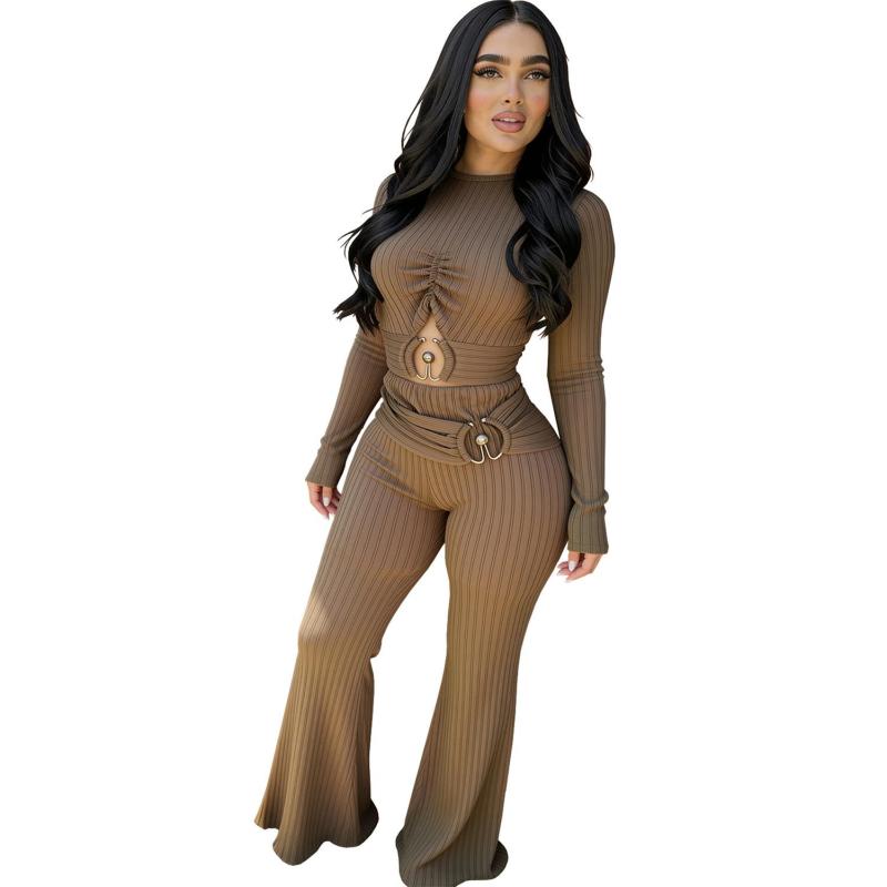 Khaki Long Sleeve Knitted Cut Out Bodycon Sexy Street Casual Jumpsuit Dress