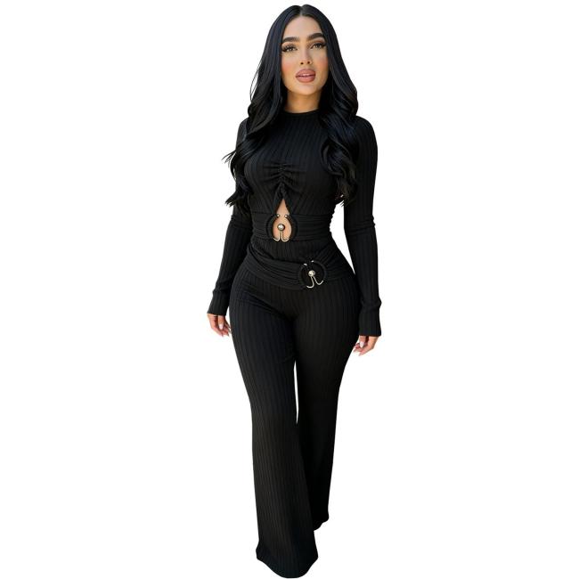 Black Long Sleeve Knitted Cut Out Bodycon Sexy Street Casual Jumpsuit Dress