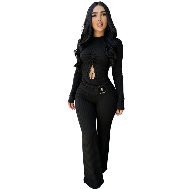 Black Long Sleeve Knitted Cut Out Bodycon Sexy Street Casual Jumpsuit Dress
