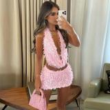 Pink Sequins Two Pieces Tassels Halter V Neck Vest Top Bodycon Sexy Mini Skirt Sets