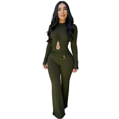 Green Long Sleeve Knitted Cut Out Bodycon Sexy Street Casual Jumpsuit Dress