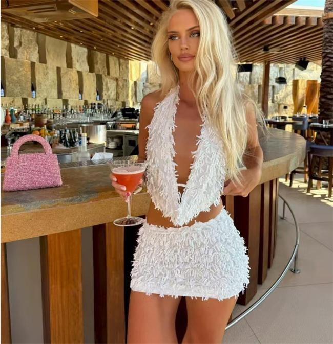 White Sequins Two Pieces Tassels Halter V Neck Vest Top Bodycon Sexy Mini Skirt Sets