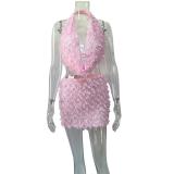 Pink Sequins Two Pieces Tassels Halter V Neck Vest Top Bodycon Sexy Mini Skirt Sets