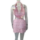 Pink Sequins Two Pieces Tassels Halter V Neck Vest Top Bodycon Sexy Mini Skirt Sets