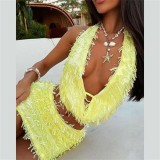 Yellow Sequins Two Pieces Tassels Halter V Neck Vest Top Bodycon Sexy Mini Skirt Sets