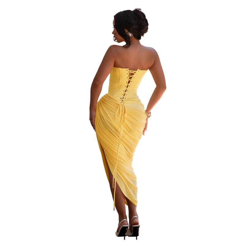 Yellow Off Shoulder High Waist Pleated Split Bodycon Party Midi Dress