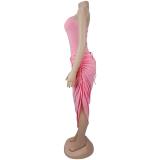 Pink Off Shoulder High Waist Pleated Split Bodycon Party Midi Dress