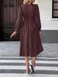 Brown Polka Dot Print Bow Tie Fashion Women Casual Office Midi Dress