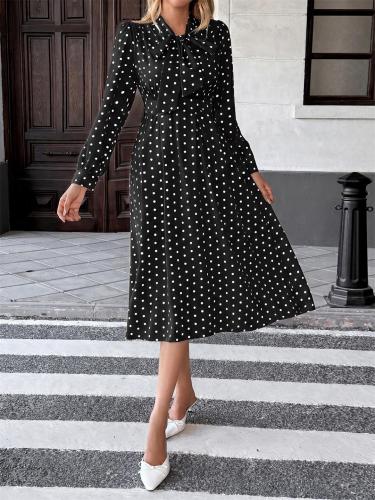 Black Polka Dot Print Bow Tie Fashion Women Casual Office Midi Dress