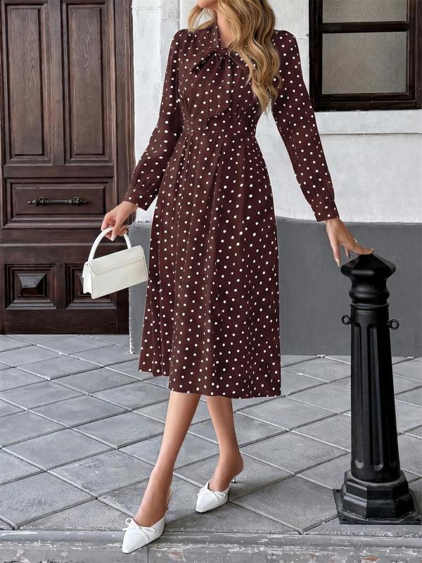 Brown Polka Dot Print Bow Tie Fashion Women Casual Office Midi Dress
