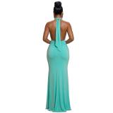 Green Sleeveless Deep V Neck Pleated Folds Elegant Evening Prom Long Dress