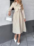 White Polka Dot Print Bow Tie Fashion Women Casual Office Midi Dress