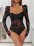 Black Long Sleeve Lace Sheering Low Cut V Neck Bodycon Party Bodysuits