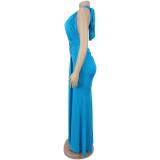 Blue Sleeveless Deep V Neck Pleated Folds Elegant Evening Prom Long Dress