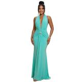 Green Sleeveless Deep V Neck Pleated Folds Elegant Evening Prom Long Dress