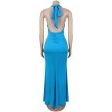 Blue Sleeveless Deep V Neck Pleated Folds Elegant Evening Prom Long Dress