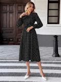 Black Polka Dot Print Bow Tie Fashion Women Casual Office Midi Dress