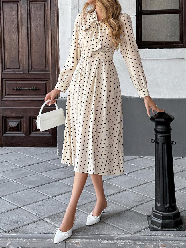 White Polka Dot Print Bow Tie Fashion Women Casual Office Midi Dress