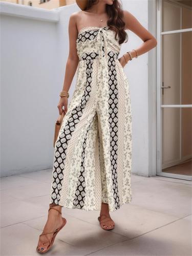 Black Off Shoulder Printed Bow Tie Fashion Summer Holiday Jumpsuits