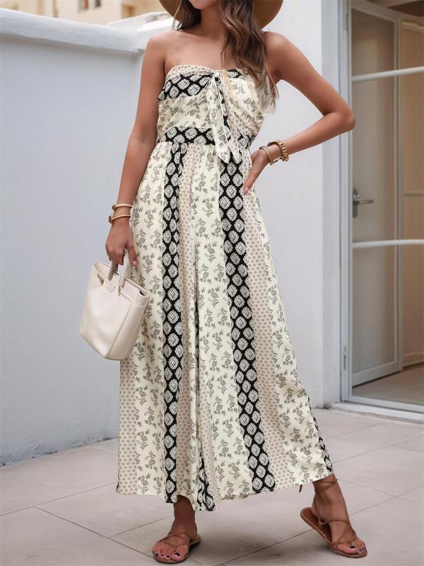 Black Off Shoulder Printed Bow Tie Fashion Summer Holiday Jumpsuits