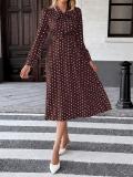 Brown Polka Dot Print Bow Tie Fashion Women Casual Office Midi Dress
