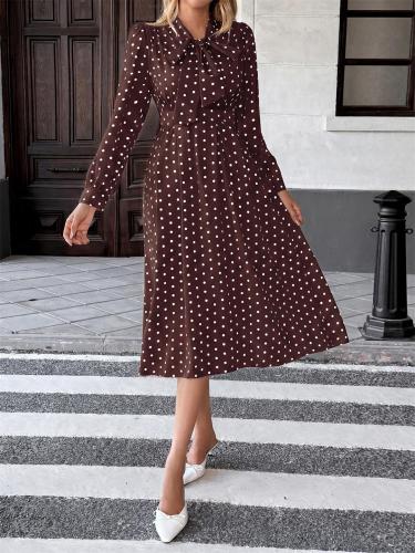 Brown Polka Dot Print Bow Tie Fashion Women Casual Office Midi Dress