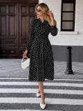 Black Polka Dot Print Bow Tie Fashion Women Casual Office Midi Dress
