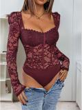 Claret Long Sleeve Lace Sheering Low Cut V Neck Bodycon Party Bodysuits