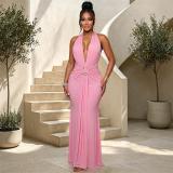 Pink Sleeveless Deep V Neck Pleated Folds Elegant Evening Prom Long Dress