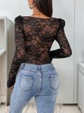 Black Long Sleeve Lace Sheering Low Cut V Neck Bodycon Party Bodysuits
