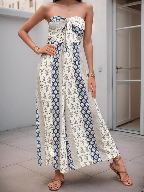 Blue Off Shoulder Printed Bow Tie Fashion Summer Holiday Jumpsuits
