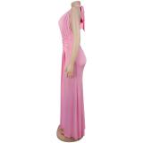 Pink Sleeveless Deep V Neck Pleated Folds Elegant Evening Prom Long Dress