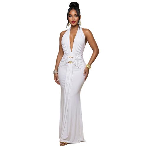 White Sleeveless Deep V Neck Pleated Folds Elegant Evening Prom Long Dress