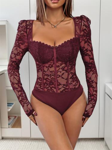 Claret Long Sleeve Lace Sheering Low Cut V Neck Bodycon Party Bodysuits