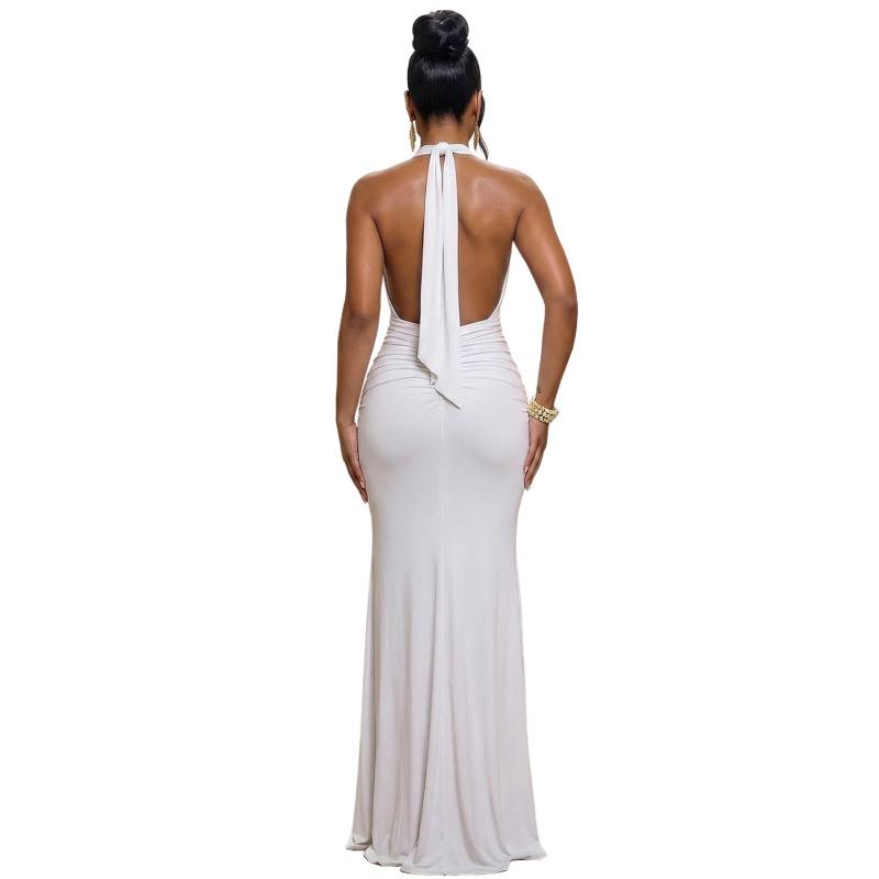 White Sleeveless Deep V Neck Pleated Folds Elegant Evening Prom Long Dress